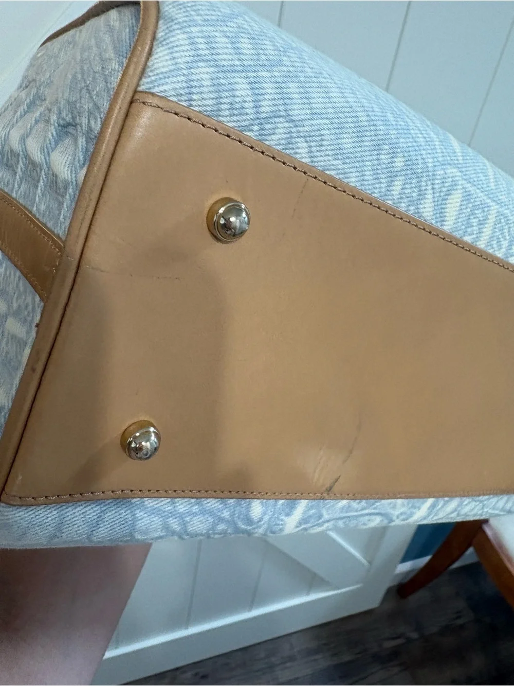 Brahmin Denim Light Blue Croc-Print Satchel Tote with Tan Trim HTF!